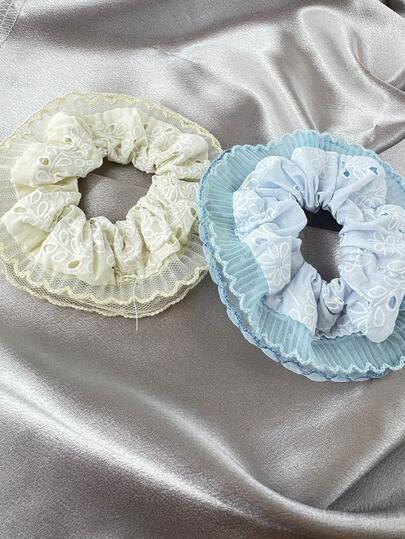 1 pieza Coletero grande de flores con volantes de encaje azul y blanco, coletero extra grande, accesorio para el cabello con estampado floral de fibra de poliéster casual, sujetadores de coleta, ligas para el cabello, bandas de goma para el cabello, cuerda para el cabello