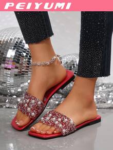 PEIYUMI Sandales d'été confortables à talon bas épais, décorées de perles et de strass, pour femmes en grande taille. Sandales de plage décontractées - Rouge - Voir 3