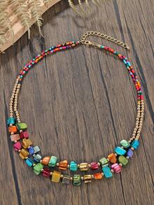 BOCAR 1pc Bohemian Natural Stone & Shell Double Layered Necklace - multi-layered necklace - View 18