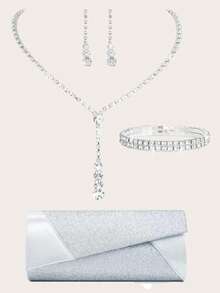 Damen Silber Volldiamant Halskette Abendgarderobe Metallkette Tasche 4 Teile Damen Strass Abendgarderobe Clutch Tasche, Braut Hochzeit Halskette Anhänger Blitz Geldbörse, geeignet für Party, Hochzeit, Ball, Dinner/Bankett, Hochzeitskleid, Abendkleid, Ballkleid, Geburtstagskleid, Partykleid