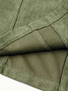 加大码灯芯绒短袖衬衫，翻领，常规长袖，前襟纽扣装饰，假口袋，无弹力面料，常规长度外套 - 軍綠色 - 查看 3