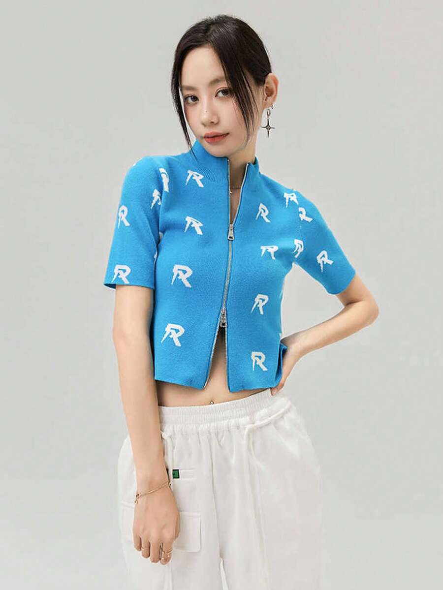 Áo croptop dệt kim in hoa Jacquard gợi cảm toàn thân mới dành cho nữ - Màu xanh lam - Xem 1