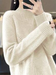 Plus Size Solid Mock Neck Knit Sweater, Long Sleeve Casual Pullover, Elegant Warm Top For Spring Winter, Daily Wear & Vacation - Beige - View 4