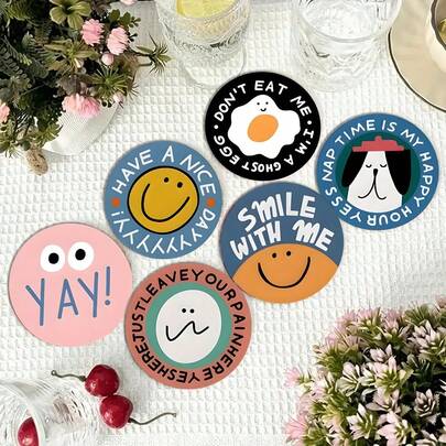 1 Set/6 piezas Posavasos redondos de madera con expresiones divertidas, vajilla decorativa, creando una atmósfera relajada y alegre, posavasos encantadores para el hogar, accesorios de comedor, diseño lindo, madera hecha a mano, suministros de cocina, esencial para amantes del café, decoración del hogar