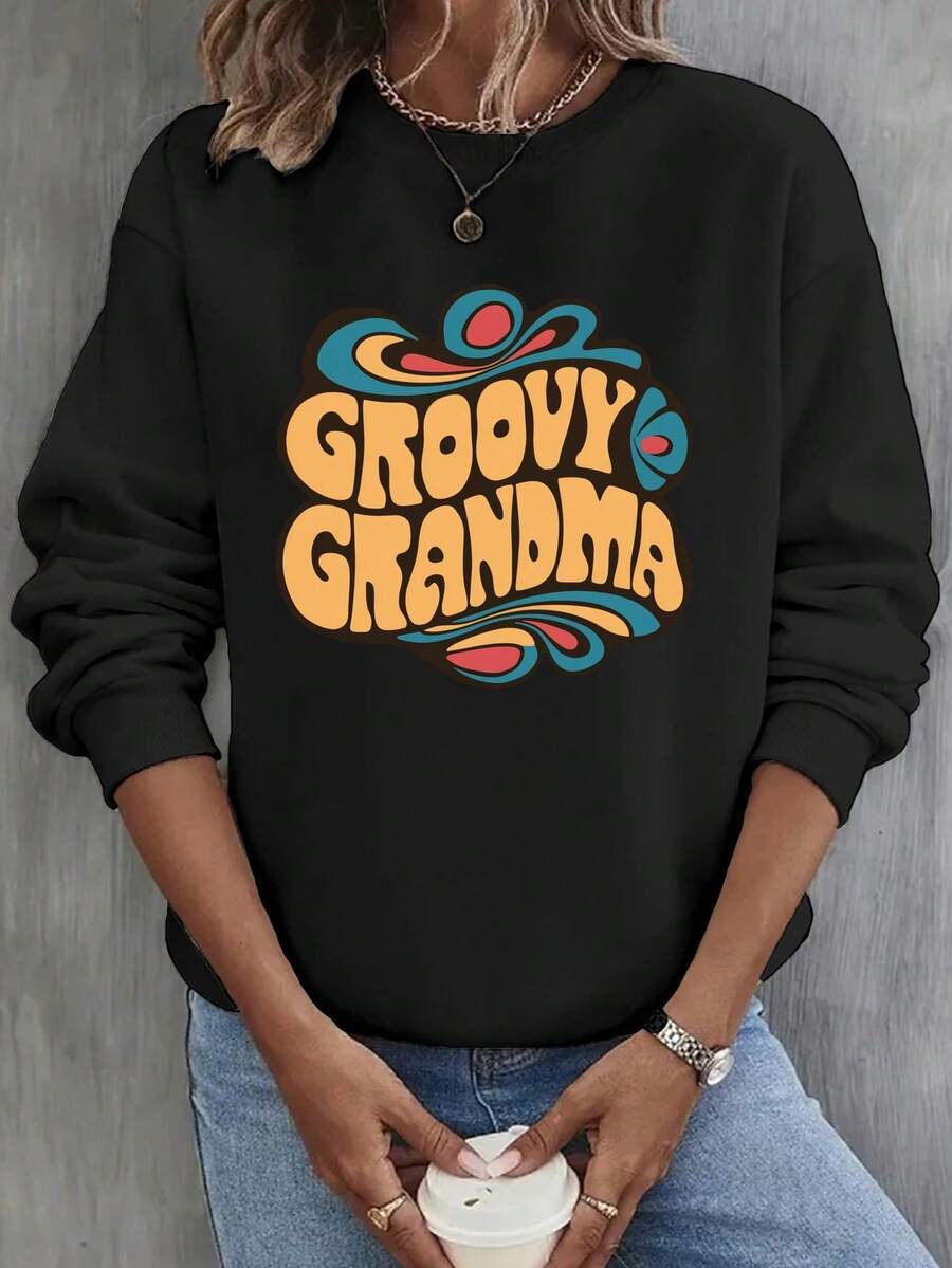 Sudadera informal con cuello redondo para abuelita genial - Tejido 100 % poliéster - Jersey con estampado geométrico informal para otoño e invierno - Negro - Ver 1