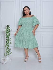 Women's  Midi Dress With Floral Print And Short Sleeves - 綠色印刷 - 查看 4