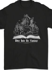 Diving In Fantasy Book Reading Bookworm Dragon Men's Gildan Cotton T-Shirt- - Style 27 - View 1