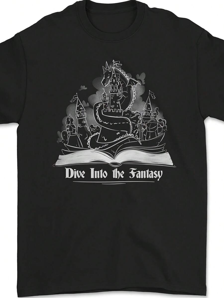 Diving In Fantasy Book Reading Bookworm Dragon Men's Gildan Cotton T-Shirt- - Style 27 - View 1