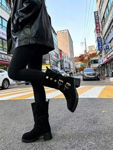 Girl's Breathable Chunky Heel Boots, New Arrival Belt Buckle Tall Boots - Black - View 6