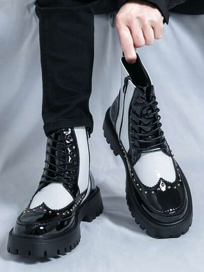 Chelsea Boots Men High-Top Leather Shoes Korean Version British Short Boots Hairstylist Leather Boots Black Business Commuter Formal Shoes British Pointed Toe Plus Size Wedding Groom Oxford Shoes , Men's Cowboy Boots Winter, Shiny High-Top Casual Derby Shoes For Club Party Summer Comfortable Black Boots, Handmade Men's Work Boots, Thick Sole Western Boots Spring Straight Tube Boots, Patent Leather Glossy Motorcycle Boots, Autumn Brand Lace-Up Riding Boots