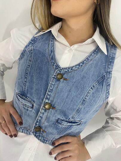 Colete Jeans, colete croppe  Simples    elegante  Casual  Fofo    Jeans    Bolso  Botão    colete