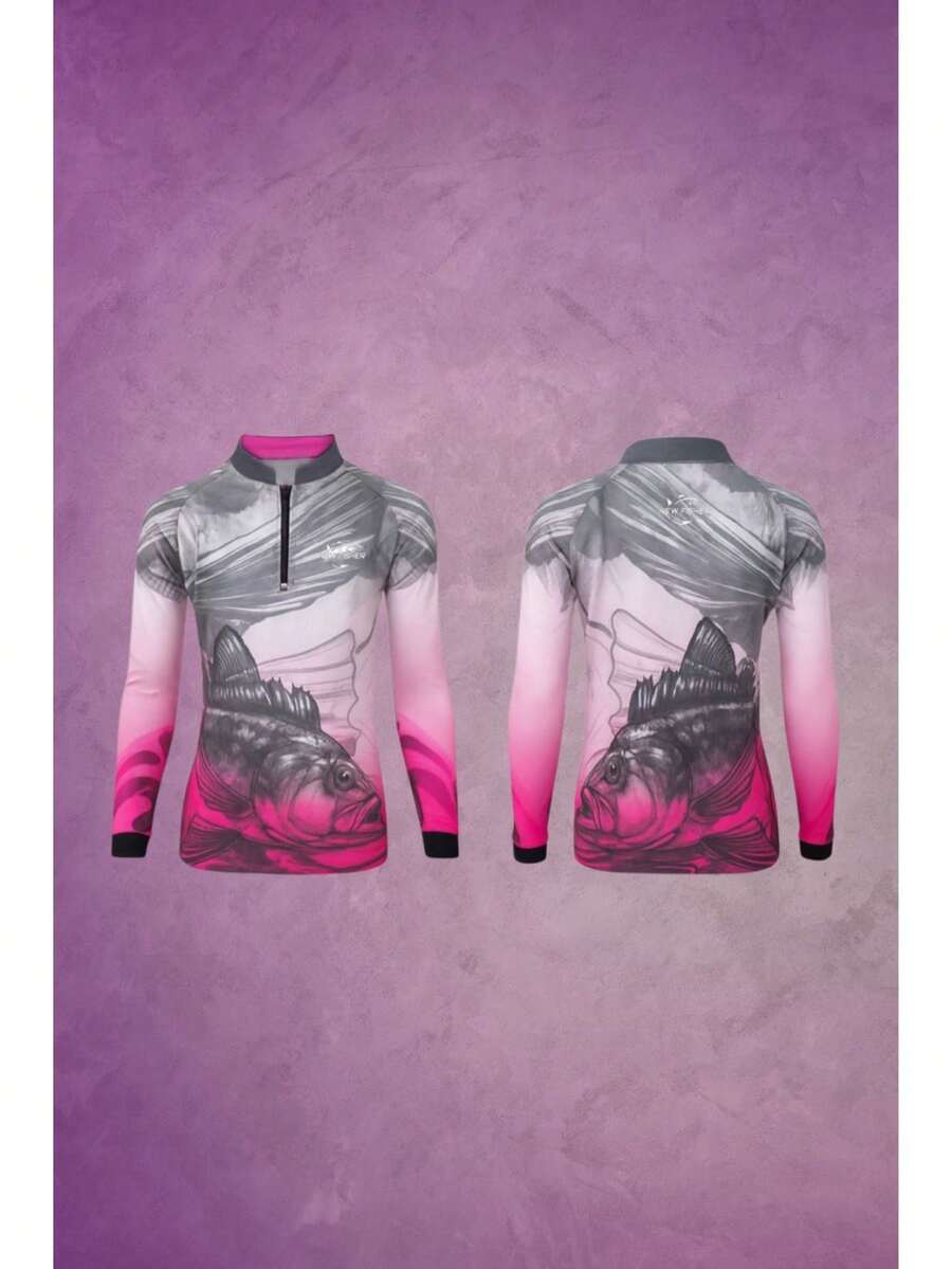 Camiseta de Pesca Infantil Tucunaré Rosa Feminina Gola Zíper Proteção Solar UV New Fisher NF47I - TUCUNARE INF - Visão 1
