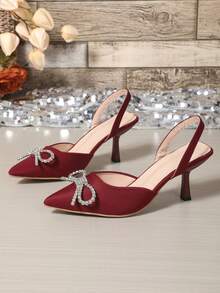 Women's Solid Color High Heel Pumps, Elegant For Commuting, Nightclub, Party, Wedding. Fabric Bow Decor, Rhinestone, Graceful For Office, Party, Wedding, All Season. Slim Heel, Minimalist Design Dress Pumps. Casual Party Banquet Fashion Black Sandals - Burgundy Big Bow - View 7
