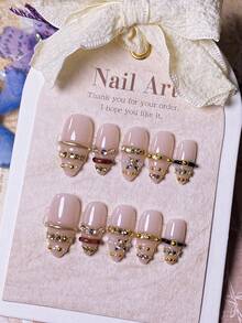 10 Handmade Almond-Shaped Press-On Nails: Gold 3D Lines, Mirror Powder & Crystal Chain Accents – High-End, Sexy & Luxe