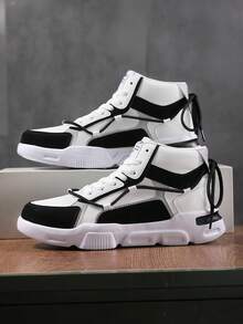 男士时尚黑白撞色字母印花双带高帮平底运动鞋，休闲户外街头风格百搭运动鞋 - 白黑 - 查看 9