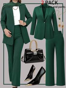 Nuovo set casual invernale da donna taglie forti, 2 pezzi, stile elegante business, giacca cardigan tinta unita + completo pantalone, adatto per l'uso quotidiano