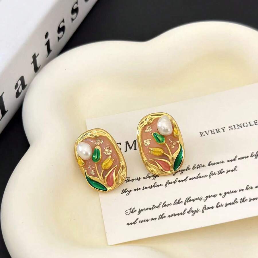 A Pair Of Pearl Oil Painting Flower Earrings, Super Fairy Forest Baroque High-End Earrings, Niche Design French Literary Style Earrings, A Must-Have Item For Fashionable Ladies, Suitable For Daily Wear, And An Ideal Gift For Friends - 粉色 - 查看 1