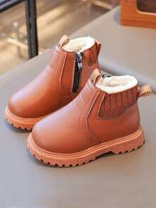 1 双儿童可爱时尚靴子，秋冬毛绒简约户外靴，幼儿休闲保暖靴 - 棕色 - 查看 10