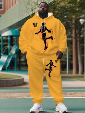 Set di felpa con cappuccio e pantaloni da uomo taglie forti con stampa dunk da basket, stile sportivo giallo brillante, set promozionale invernale, felpa con cappuccio e pantaloni con coulisse, 2 pezzi, vestibilità morbida e alla moda per primavera, autunno e inverno
