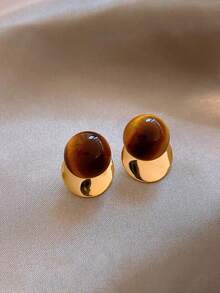 1 Pair Minimalist Tiger Eye Stone Round Disc Earrings, Elegant Stud Earrings For Daily Wear And Parties - Multicolor - View 2
