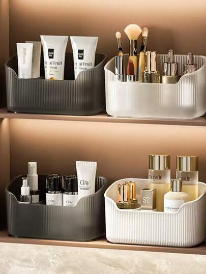 1 pieza Caja de almacenamiento de plástico portátil para maquillaje, lápiz labial, perfume, cuidado de la piel, cosméticos, organizador de escritorio para baño y dormitorio, montado en superficie, accesorios de cocina para el hogar, organizador de maquillaje con soporte para brochas, gran almacenamiento de cosméticos para productos de cuidado de la piel, perfumes y lociones