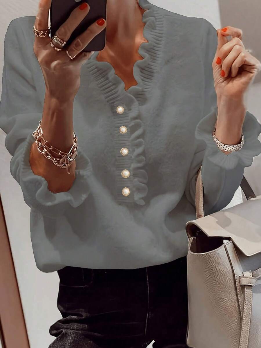 Plus Size Women V-Neck Casual & Stylish Knitted Sweater, For Winter - Grey - View 1