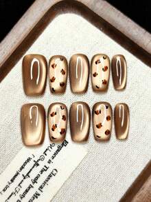 10片手工可佩戴美甲贴纸，按压式假指甲，圣诞节和万圣节礼物，猫眼渐变色，手绘豹纹，时尚高端，可重复使用，女孩必备礼物 - 棕色 - 查看 4