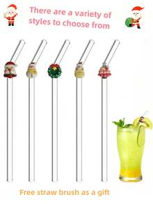 1-5 pièces/set Pailles en verre réutilisables avec des accents de personnages de Noël adorables (couronne, sapin rose, bonhomme de neige, Père Noël), idéal pour les boissons festives et les fêtes de Noël. Idéal pour les boissons glacées, le thé de l'après-midi, les milkshakes, les smoothies, l'eau pétillante, le thé au lait, les jus et autres boissons froides. Idéal pour les fêtes sur la plage, les pique-niques en plein air, les boutiques de desserts, les bars à collations, les fournitures de fête, les réunions de famille. Sans plomb et festif. Cadeau de Noël parfait