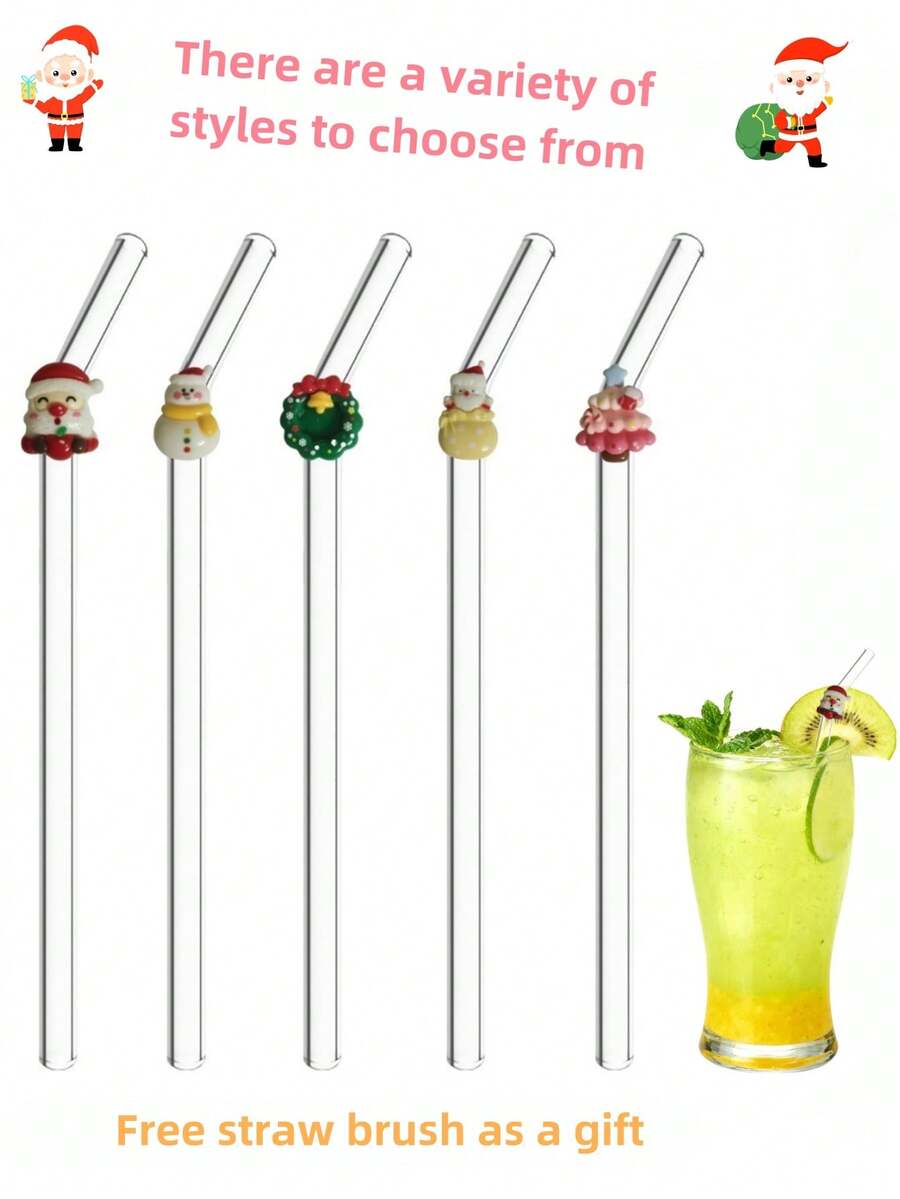 1-5 pièces/set Pailles en verre réutilisables avec des accents de personnages de Noël adorables (couronne, sapin rose, bonhomme de neige, Père Noël), idéal pour les boissons festives et les fêtes de Noël. Idéal pour les boissons glacées, le thé de l'après-midi, les milkshakes, les smoothies, l'eau pétillante, le thé au lait, les jus et autres boissons froides. Idéal pour les fêtes sur la plage, les pique-niques en plein air, les boutiques de desserts, les bars à collations, les fournitures de fête, les réunions de famille. Sans plomb et festif. Cadeau de Noël parfait