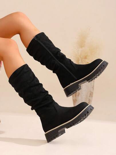 Botas de mujer de estilo occidental vintage con suela gruesa, botas casuales al aire libre con pliegues y cremallera lateral por encima de la rodilla