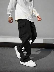 1 件男士多口袋工装裤，宽松交叉印花，适合海滩、日常通勤、运动、户外、休闲直筒裤，时尚街头服饰，男友/丈夫礼物，四季皆宜，秋季 - 黑色 - 查看 5