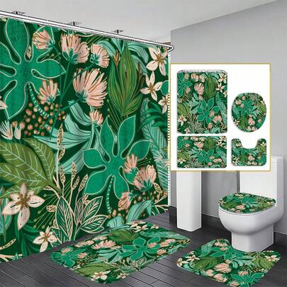 1/4pcs MitoVilla Bohemian Green Floral Shower Curtain, Modern Floral Shower Curtain, Suitable For Rustic Vintage Bathroom Decor, Chic Elegant Fabric Shower Curtain, Abstract Tropical Leaf Pattern
