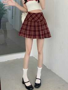 Chân váy chữ A cạp cao kẻ caro, chân váy xếp ly kẻ caro giúp thon gọn vóc dáng, kiểu JK, mùa Thu/Đông Xuân - Đỏ - Xem 6