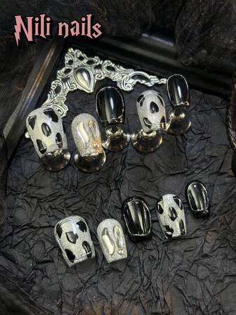 10 件/套手工短方形 Y2K Baddie 风格按压指甲，黑色和银色猫眼和镀铬扎染按压指甲手工豹纹和 3D 钻石装饰光泽胶水丙烯酸指甲全覆盖假指甲适合女性适合各种场合日常佩戴送给女性和女孩的绝佳礼物，适合日常使用，含 1 个果冻垫和 1 个指甲锉