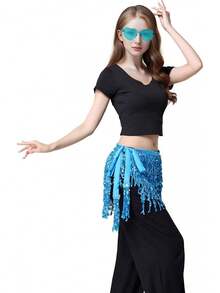 Sequin Belly Dance Scarf Tassel Wrap Sparkly Fringe Skirt With Pair Heart Party Rave Costume Women - 藍色 - 查看 6