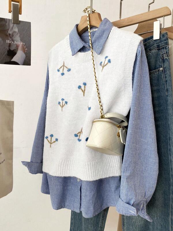 JIANHU Floral Embroidered Knit Vest, Vintage Sleeveless Pullover For Fall, Preppy Layered Outfit For Back To School, Thanksgiving, Christmas