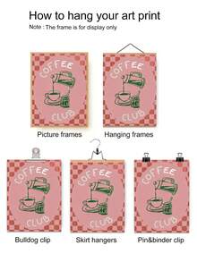 1幅无框咖啡俱乐部海报 - 复古厨房帆布画，防水可重复使用，复古卡通设计，包含咖啡机和咖啡杯，适用于客厅、卧室、厨房、浴室、走廊装饰，咖啡吧配件，抹茶/墙贴海报，柠檬巧克力装饰，粉色图片，女孩房装饰，卧室海报，墙面艺术 - 彩色 - 查看 6