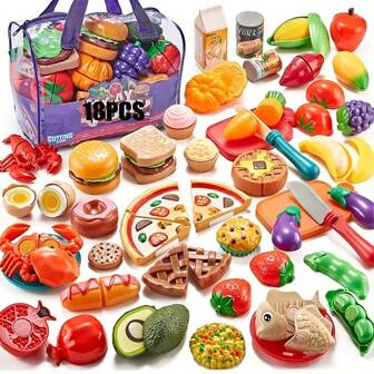 Marphy 18pcs Realistic Kitchen Toy Set, Mini Cutting Fruits & Vegetables Combo - Educational Early Learning Food Simulation Toys For Children, Perfect For Birthday Party