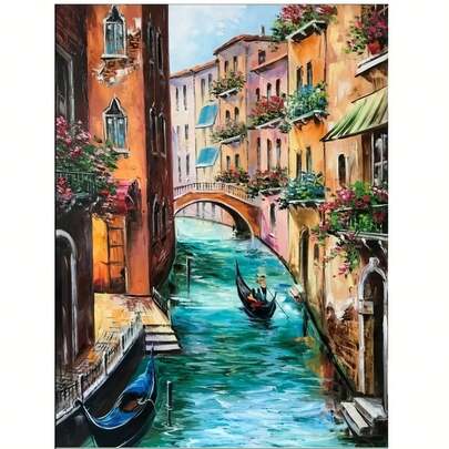 Venice Canal Oil Painting - Italy Mural - Wall Art - Canvas Print - Poster - Frameless - Bedroom/Living Room Decoration - 12x16 Inches