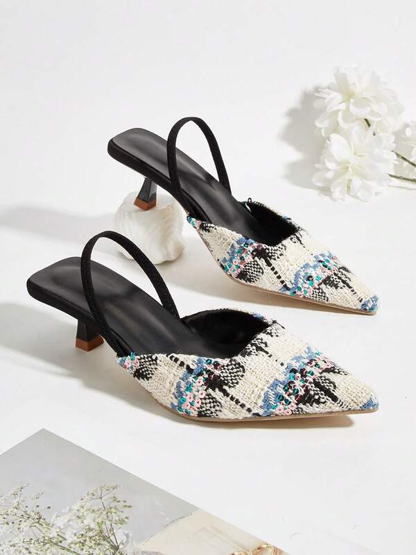 Damskie nowe klasyczne sandały na wysokim obcasie z szpiczastym noskiem w kratkę, eleganckie i modne – idealne na imprezę, dojazdy do pracy, do biura, czółenka na obcasie typu kociak z odkrytymi palcami i paskiem z tyłu