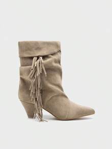 Women's Slouchy Fringe Boots – Gathered Pointed Toe Mid Heel Boho Boots Without Zipper - Màu Khaki - Xem 2