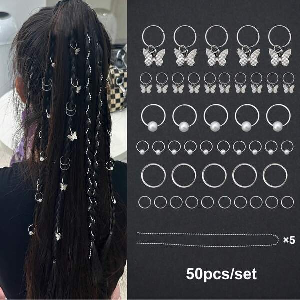 50 pièces Accessoires de dreadlocks, accessoires de tresse avec anneaux de tresse, chaîne de cheveux, perles de dreadlocks, anneaux de cheveux pour femmes et filles. Couleur argentée élégante, papillons de cheveux, faux perles, anneaux de cheveux, bijoux de cheveux pour tresses et conception de cheveux DIY pour toutes les saisons, ensemble de coiffure, kit d'outils pour cheveux