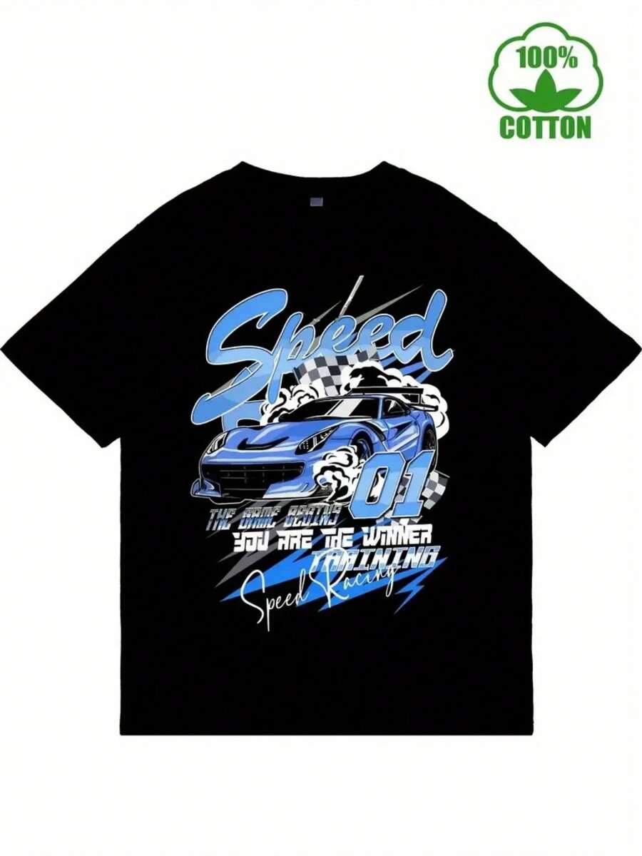 Camiseta Casual Unisex de Manga Corta para Adultos - 100% Algodón, Ajuste Holgado, Estampado Gráfico con Diseño de Coche de Carreras y "Speed Racer", Negra con Arte Azul/Blanco, Tela Transpirable de 180gsm para Uso en Todas las Estaciones - Negro - Ver 1