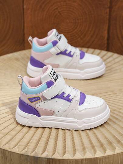 Girls' Princess Style Casual Sports Shoes, Fashionable Contrast Color Design, Durable For Daily Wear, Adjustable Hook & Loop Closure For Easy On/Off, Suitable For School Uniform And Dresses