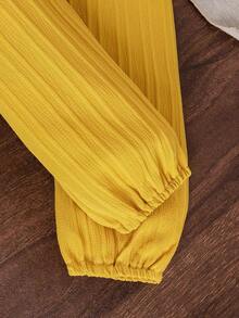 年轻女孩花卉贴花撞色饰边长袖衬衫和松紧腰裙优雅套装 - 黃色 - 查看 7