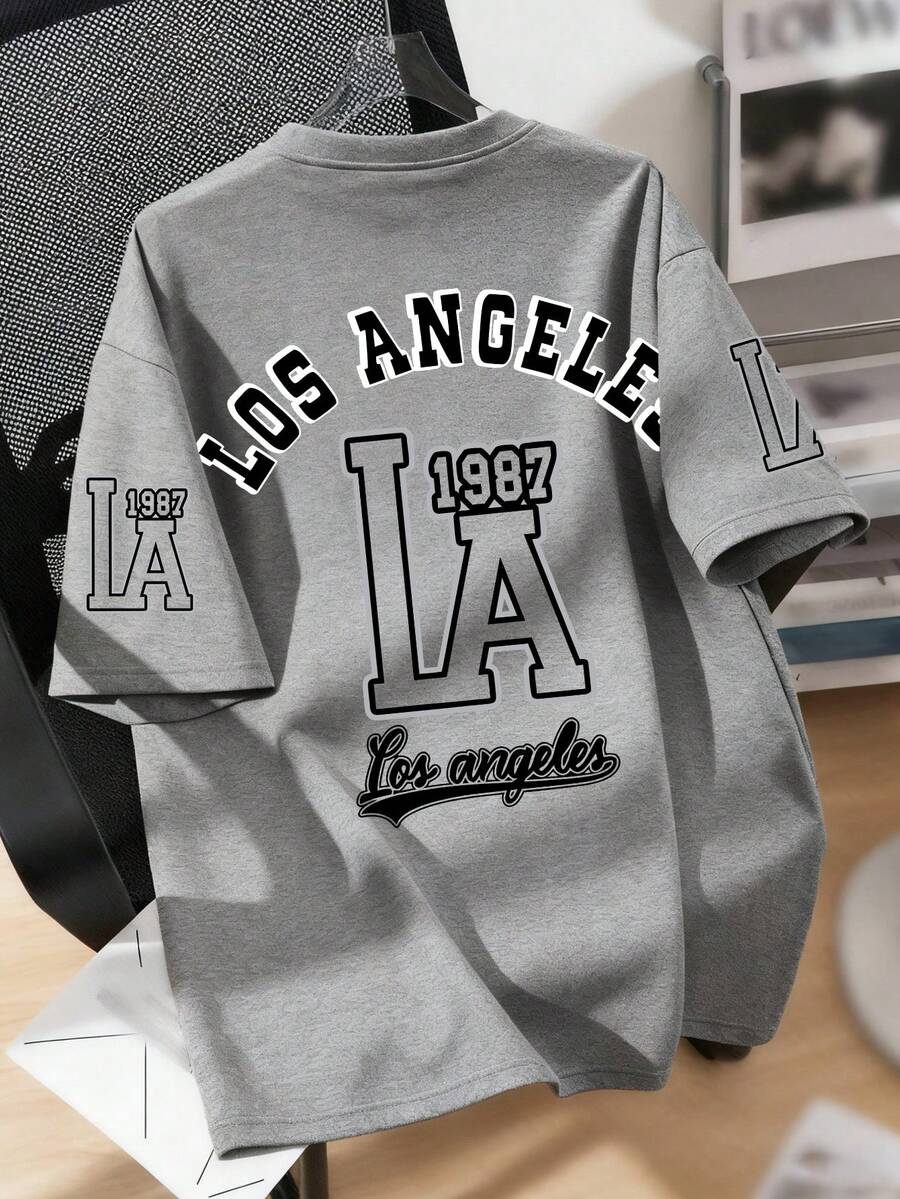 Teen Boys Vintage LA College Design, Short Sleeve Loose Soft Cool Tee, Casual School Wear Summer, Boys Tops - Grey - View 1