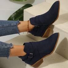 Botines de mujer tipo Chelsea, nueva moda de otoño/invierno con puntera puntiaguda, hebilla, unicolor, cremallera lateral, caña corta y tacón medio, clásicos botines de vestir