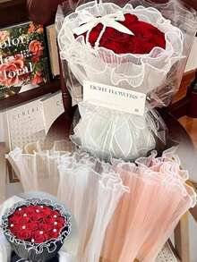 1pc Flower Wrapping Mesh Netting, Florist Packaging For Flower Bouquet, Pearl Wave Floral Wrapping Material, Rose Flower Mesh Veil, Mother's Day Gift Wrap, Decorative Gift Packaging Mesh Netting, Pink & White Flower Bouquet Decor, For Lover Or Mom, Party Supplies - Multicolor - View 2