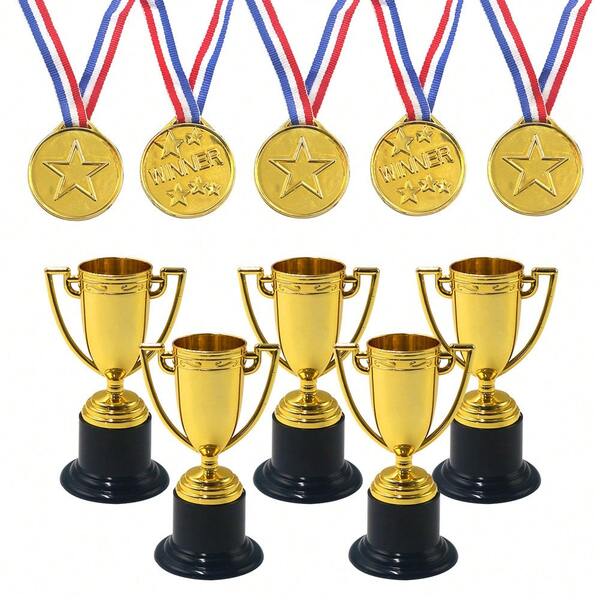 5 piezas de mini trofeos con medallas de oro para competencias y concursos deportivos