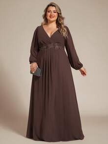 EVERPRETTY Plus Size Elegant Brown Chiffon Bridesmaid Dress, V-Neck, Floral Applique Decor, Long Sleeve, Suitable For Party And Vacation - Brown - View 4